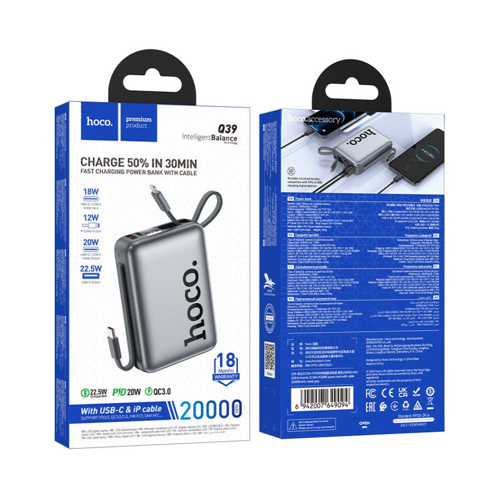 Hoco 18W Power Bank 20000mAh Built-in Cable Q39 - BeyTrend