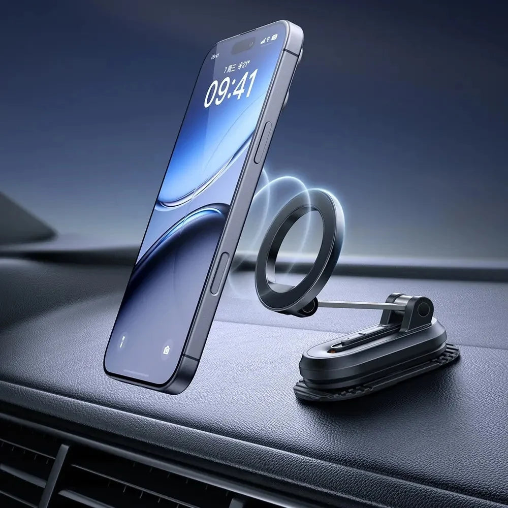 Mcdodo CM-624 Agile magnetic phone holder attached to a car dashboard, holding a smartphone securely in place
