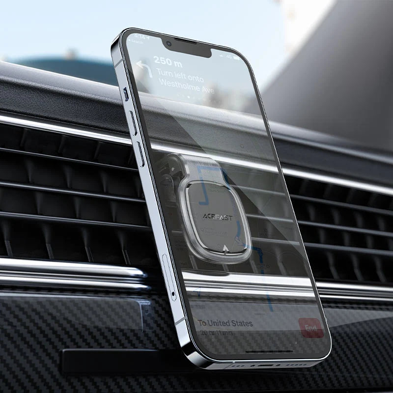 Acefast D16 magnetic car phone holder mounted on a vehicle air vent, designed for secure smartphone attachment.