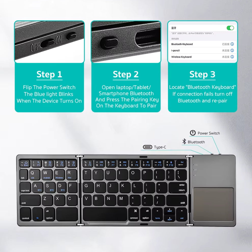 Coteci 63 Key Tri-fold Touchpad Keyboard - BeyTrend 
