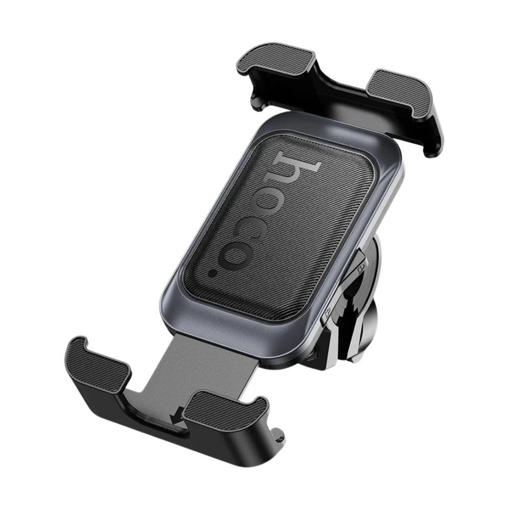 Hoco H82 Vista bike handlebar phone holder mounted on a bicycle, with a secure grip for smartphone navigation and cycling.