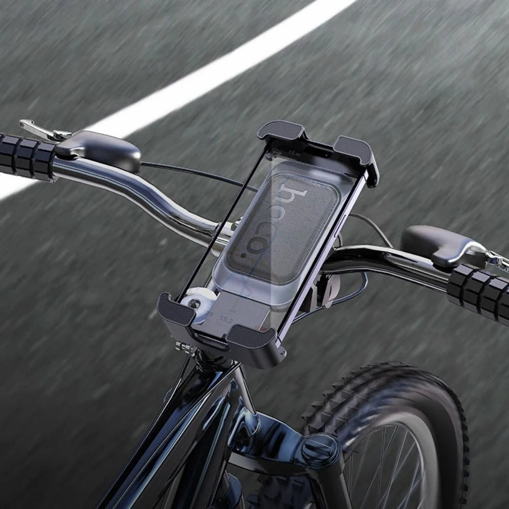 Hoco H82 Vista handlebar bike phone holder attached to a bicycle for secure smartphone mounting.