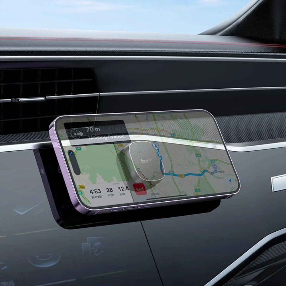 Hoco H52 Ultimate magnetic car dashboard phone holder mounted on a vehicle dashboard with a smartphone attached.