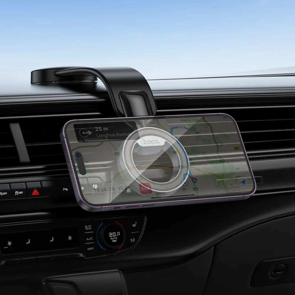 Hoco H71 Totem magnetic dashboard car phone holder attached to a car dashboard, designed for secure phone mounting.