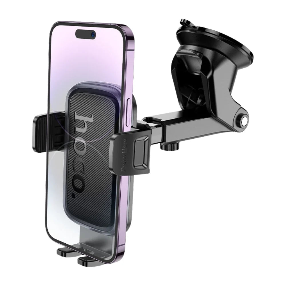 Hoco H79 Vista car dashboard phone holder mounted on a vehicle dashboard, holding a smartphone securely in place.