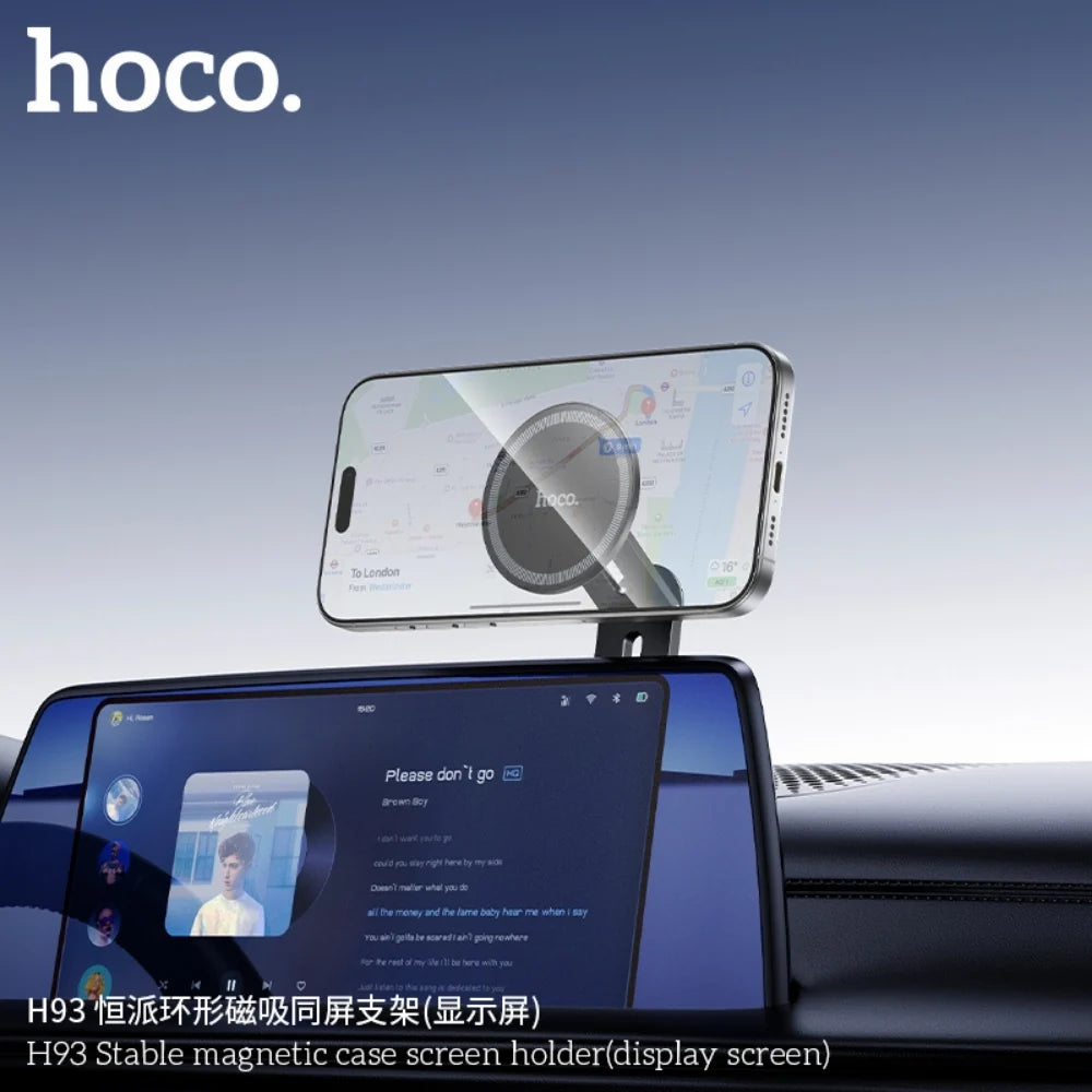 Hoco H93 Magnetic Monitor Stand phone holder with sleek design, holding a smartphone securely on a desktop surface.