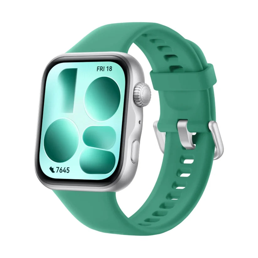 Huawei Watch Fit 5 smartwatch with a green band and display showing fitness tracking features.