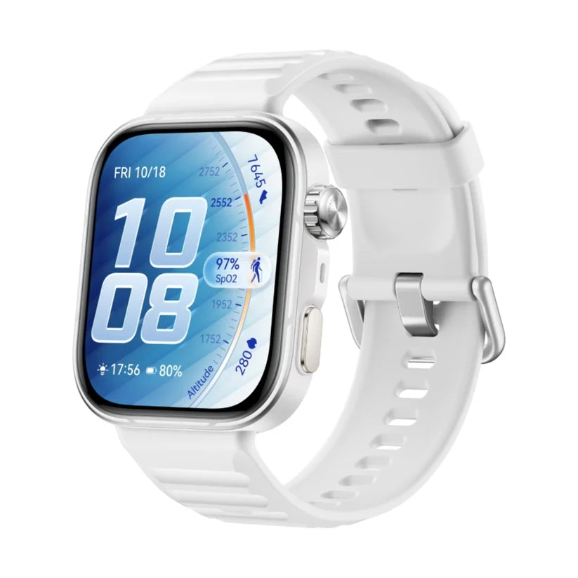 Huawei Watch Fit 5 Pro smartwatch with a large display and fitness tracking features, shown with a black strap and colorful watch face.