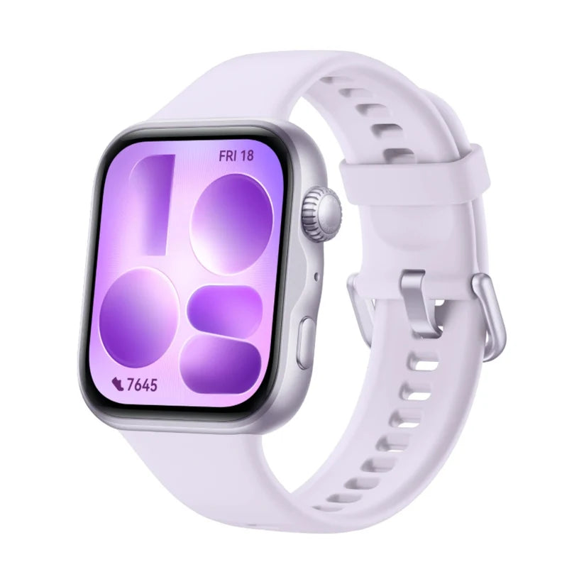 Huawei Watch Fit 5 smartwatch in purple with a sleek display and fitness tracking features, designed for active wear.