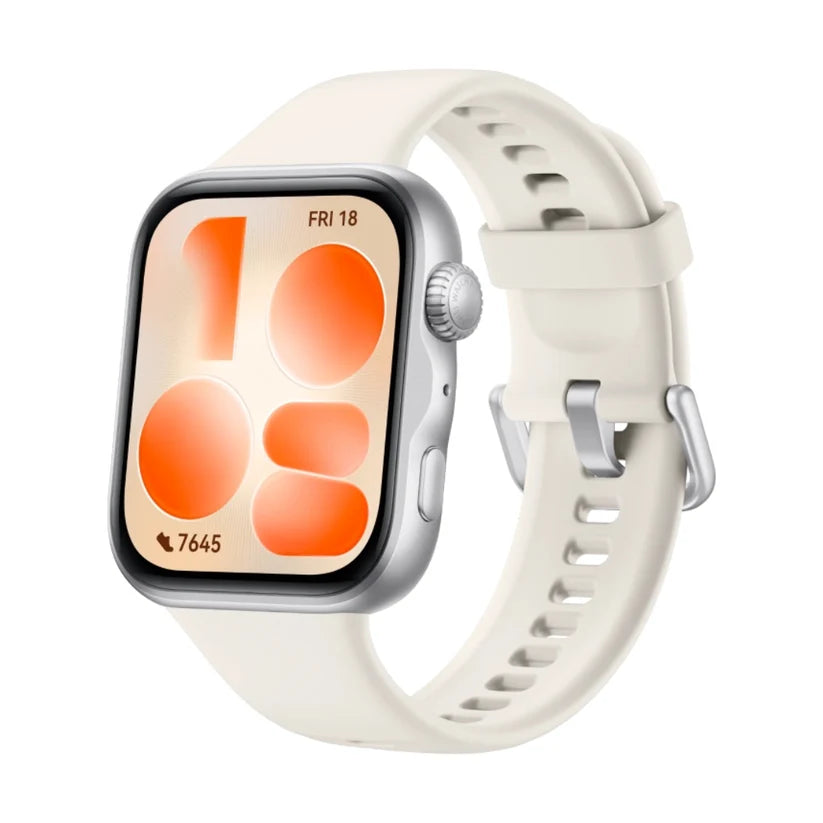 Huawei Watch Fit 5 smartwatch with a white band and display showing fitness metrics and notifications.
