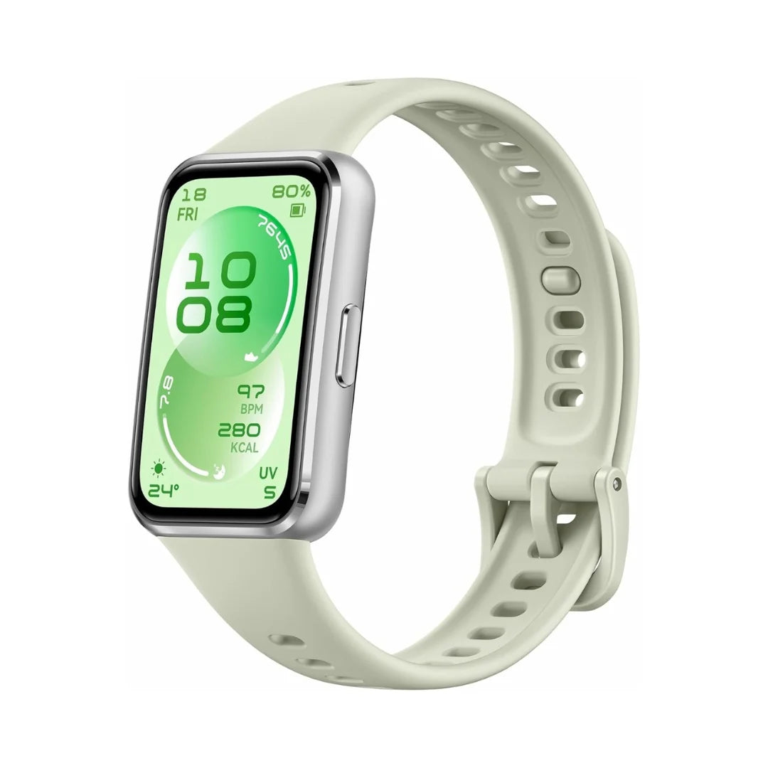 Huawei Band 11 Metallic fitness tracker in green with a sleek design and digital display.