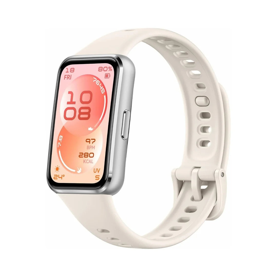 Huawei Band 11 Metallic fitness tracker with white strap and sleek design, displaying a digital screen.