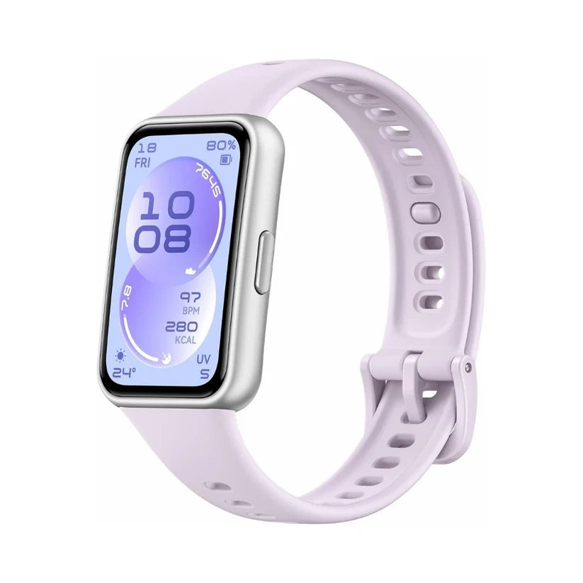 Huawei Band 11 fitness tracker with AMOLED display showing activity stats and colorful band in close-up view.