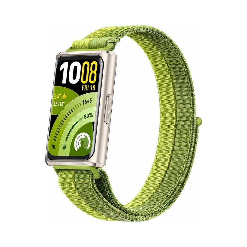 Huawei Band 11 Pro fitness tracker with a green strap, digital display showing activity metrics and heart rate monitoring.