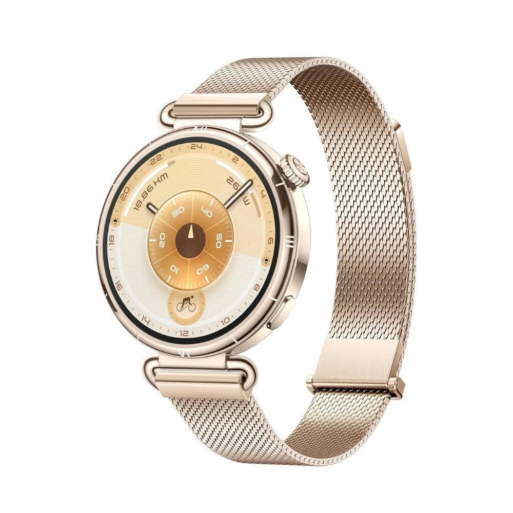 Huawei Watch GT 6 41mm smartwatch with a gold case and black strap, displaying a digital time screen.