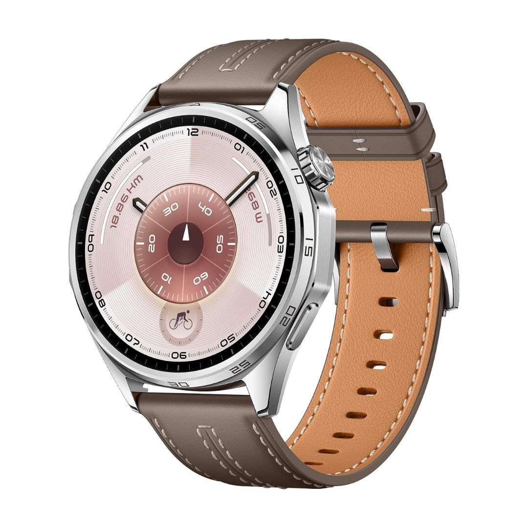 Huawei Watch GT 6 46mm smartwatch with a grey band and display, showcasing its sleek design and digital interface.
