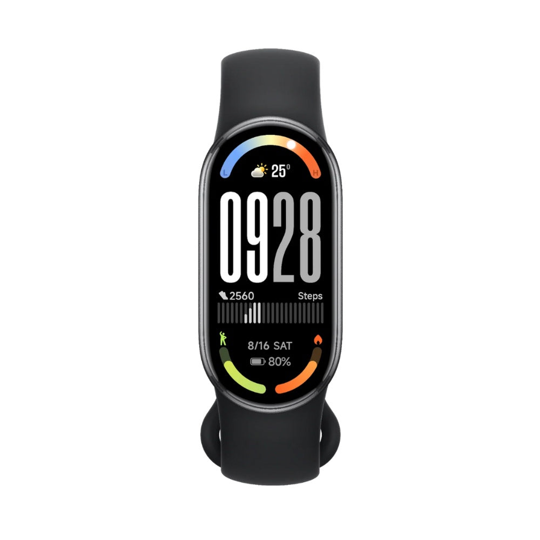 Xiaomi Smart Band 10 fitness tracker with colorful display, showing time and health stats on a sleek black band.