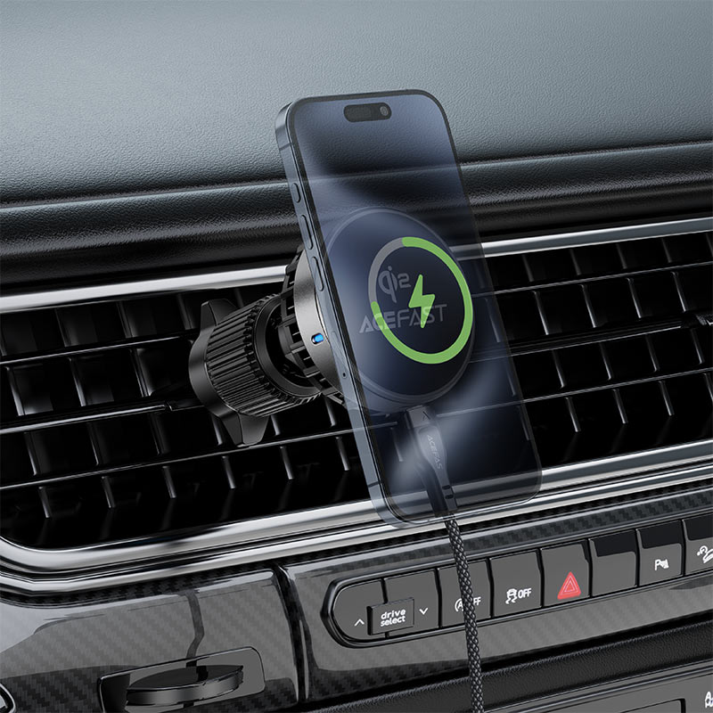 Acefast D40 Qi2 magnetic wireless charging car holder mounted on a vehicle dashboard, holding a smartphone securely.