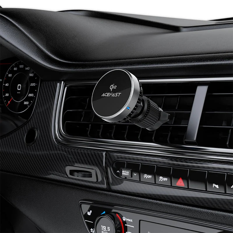 Acefast D40 Qi2 Magnetic Wireless Charging Car Holder mounted in a vehicle, holding a smartphone securely while charging.
