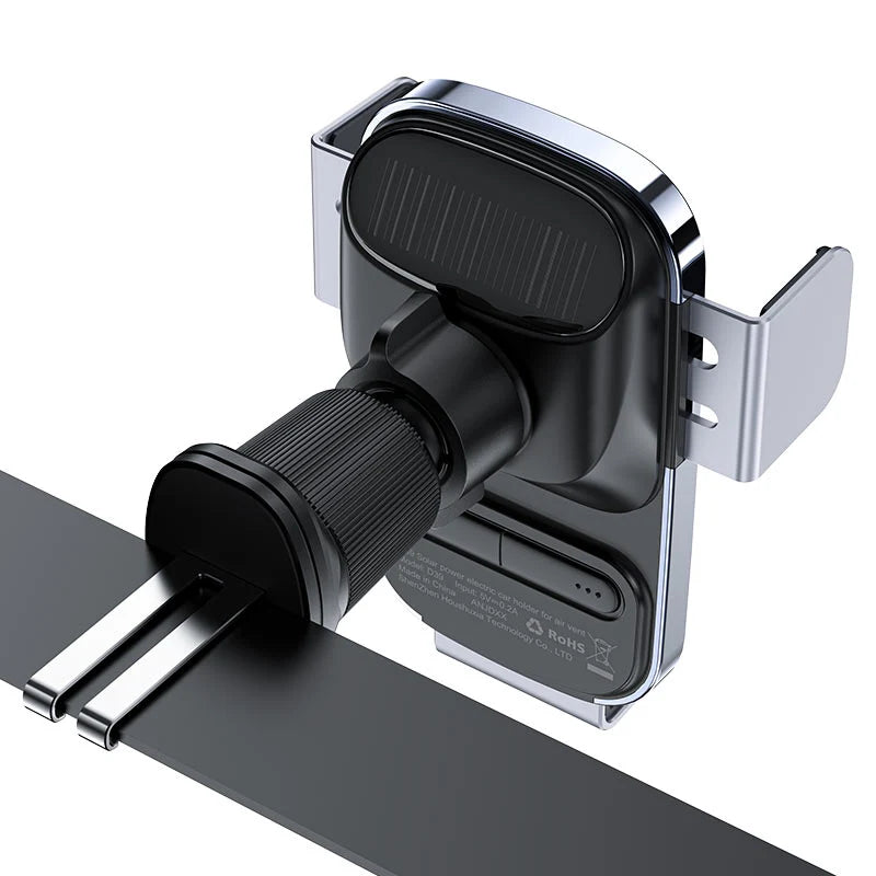 Acefast D39 solar-powered car phone holder mounted on a vehicle dashboard, featuring solar panel and adjustable phone cradle.