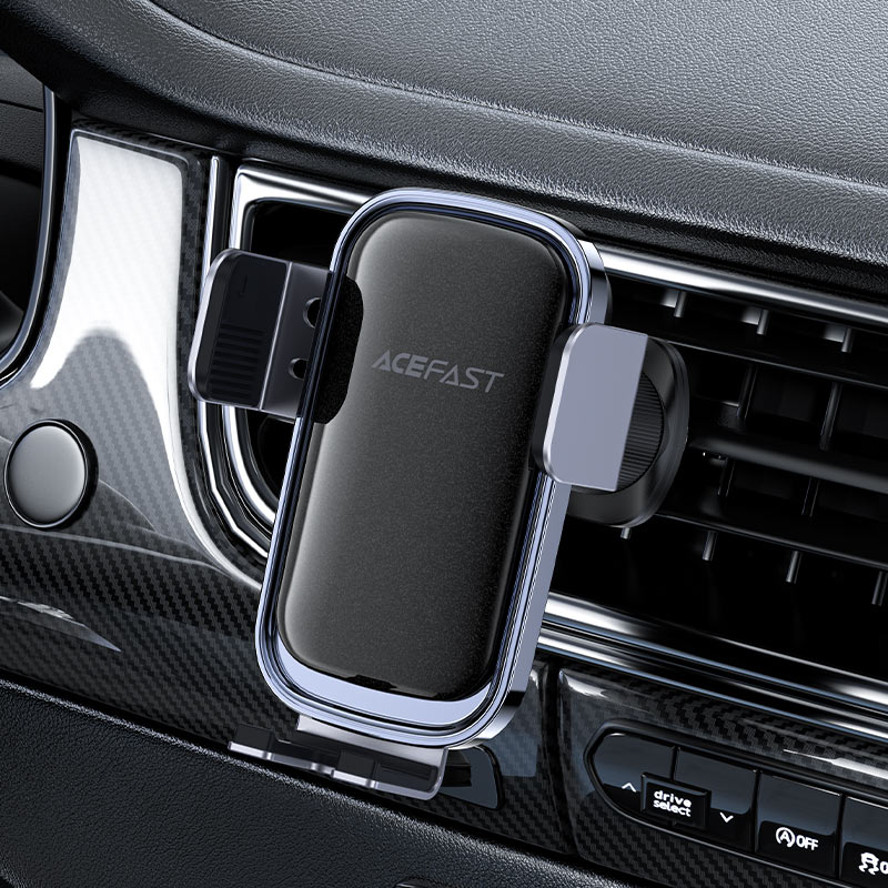 Acefast D39 solar-powered car phone holder mounted on a vehicle dashboard, showcasing its solar panel and adjustable design.