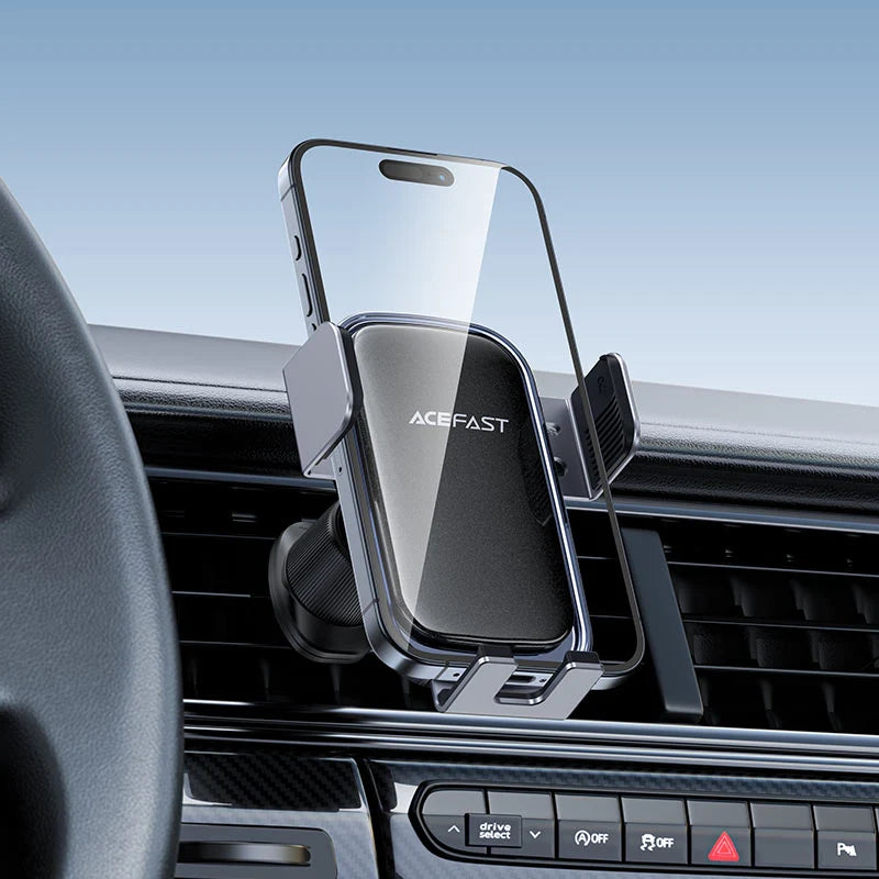 Acefast D39 solar-powered car phone holder mounted on a vehicle dashboard, showcasing eco-friendly design and adjustable grip.