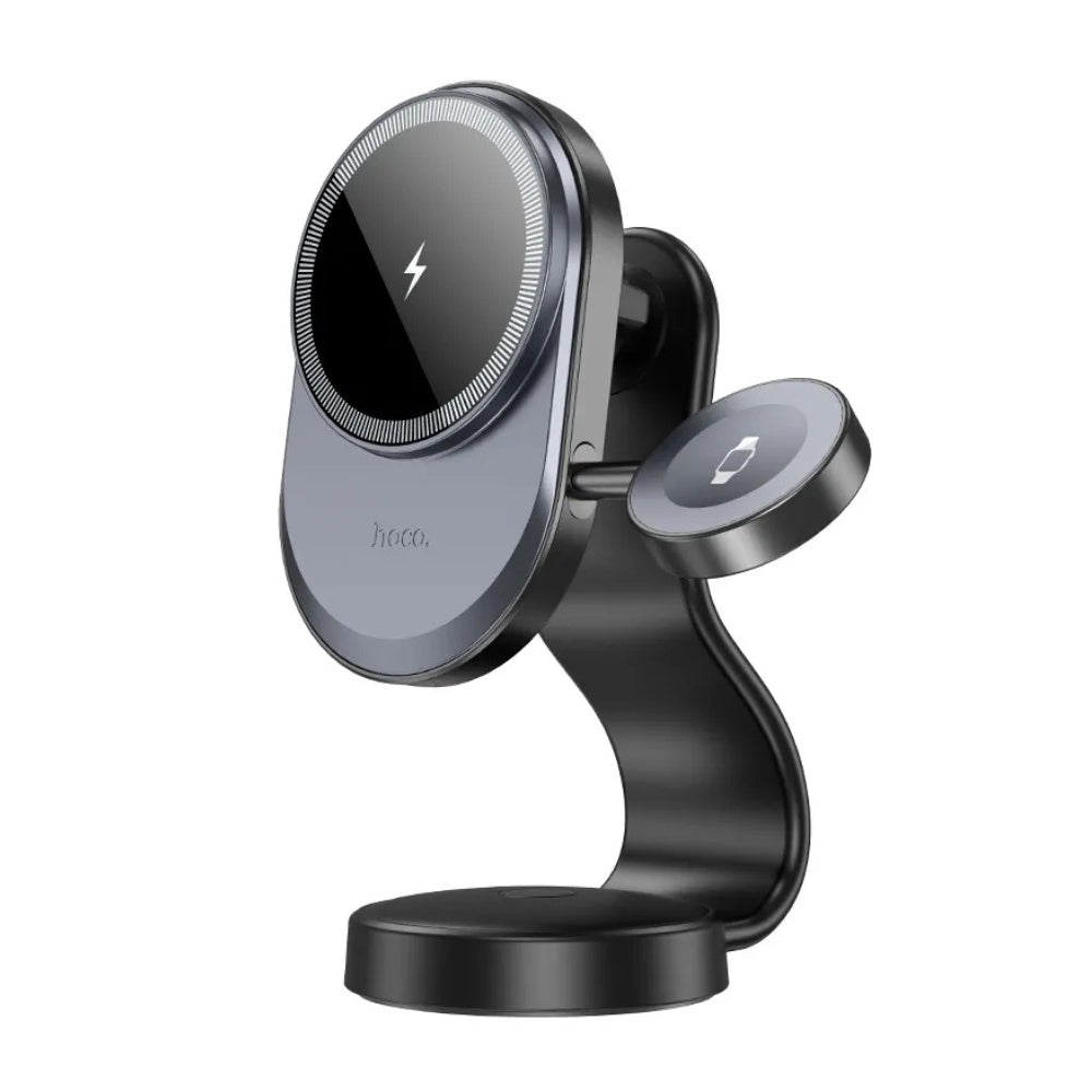 Hoco HW28 2-in-1 wireless charging car holder mounted on a dashboard with a smartphone in place.