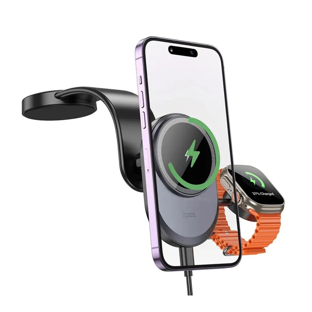 Hoco HW28 2-in-1 wireless charging car holder mounted in a vehicle, holding a smartphone with visible charging pad and adjustable grip