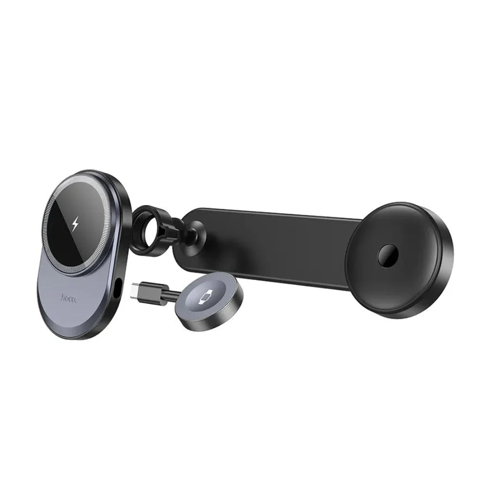 Hoco HW28 2-in-1 wireless charging car holder mounted on a dashboard holding a smartphone for driving convenience