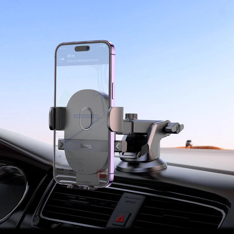 Hoco H19 car dashboard mobile holder securely grips smartphone for hands-free use in vehicle.
