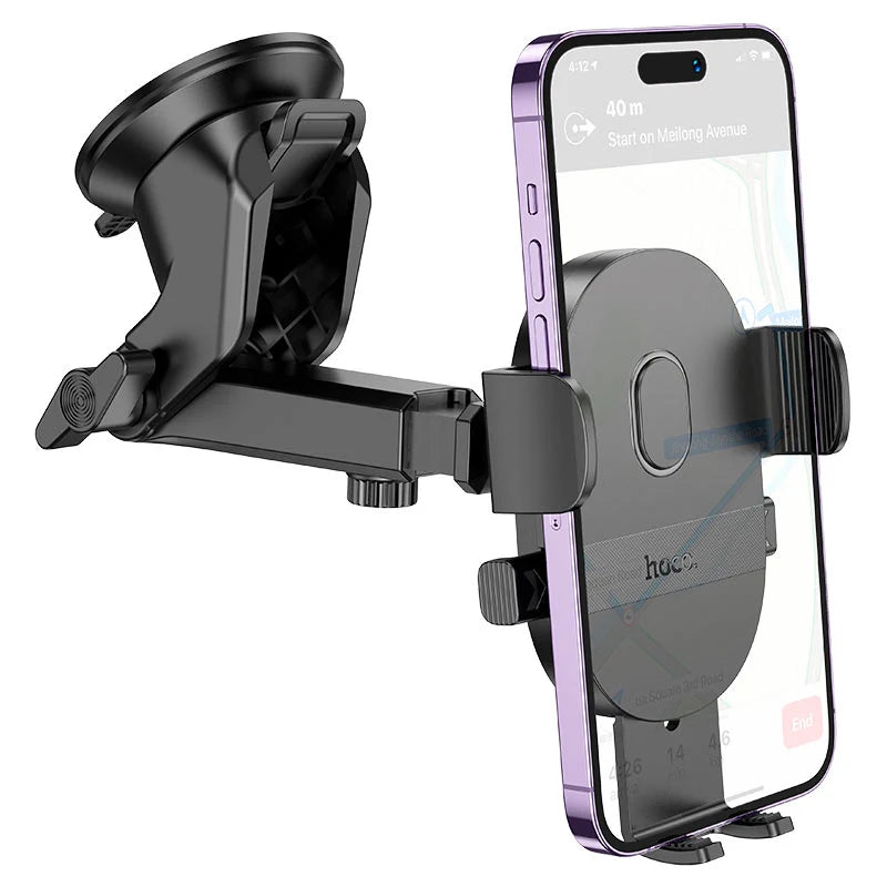 Hoco H19 car dashboard mobile holder mounted in a vehicle, holding a smartphone securely.