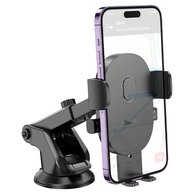 Hoco H19 car dashboard mobile phone holder securely attached to vehicle dashboard for easy access and hands-free use.