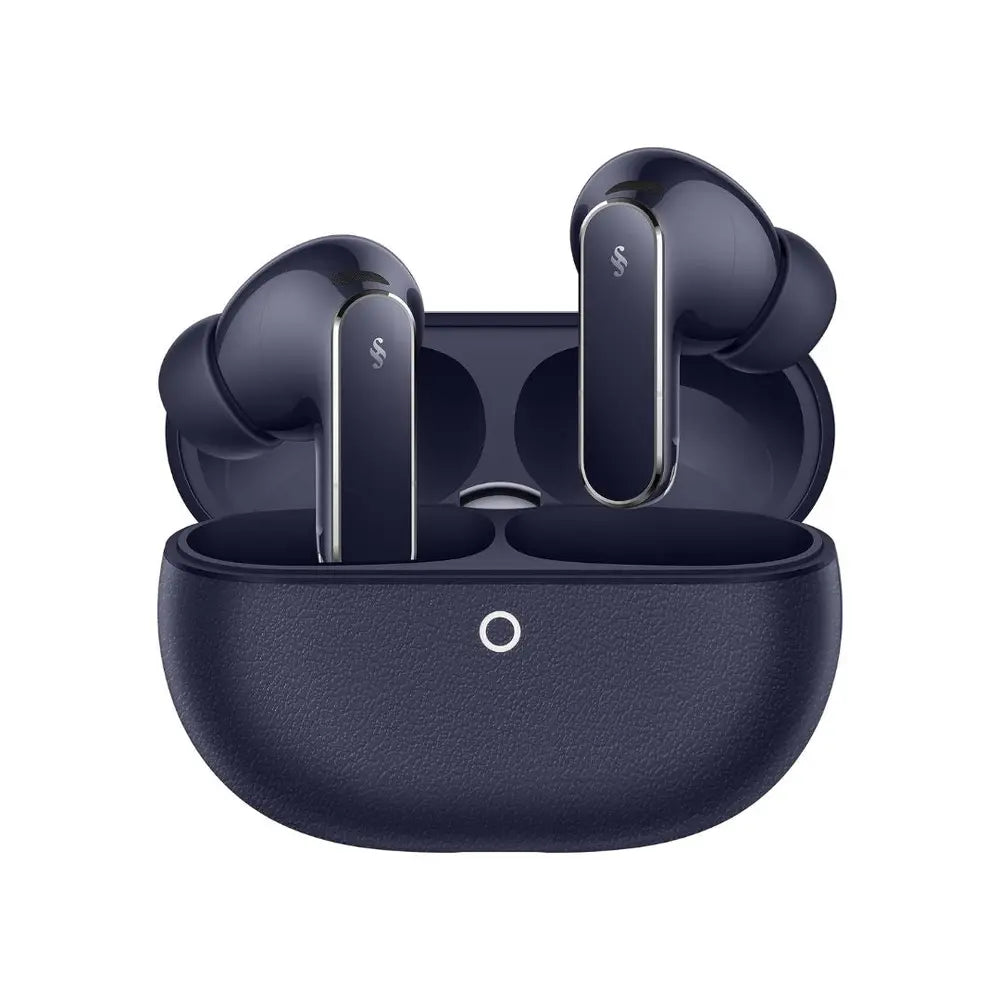 Blue HUAWEI FreeBuds Pro 5 earbuds displayed inside the open vegan-leather charging case.