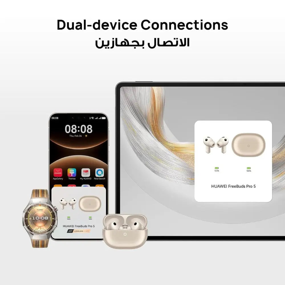 HUAWEI FreeBuds Pro 5 connected across compatible phone, tablet and watch devices.