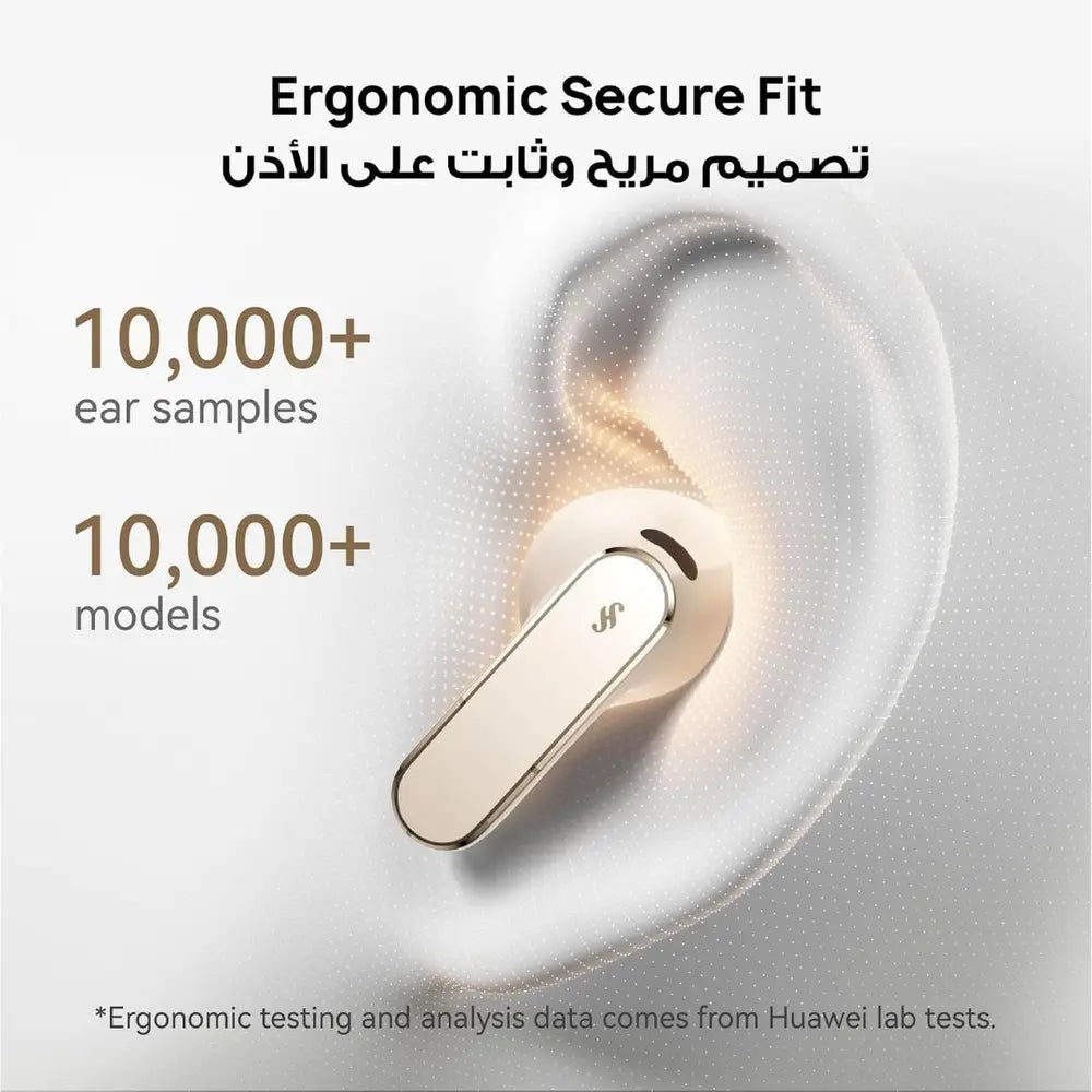 Sand earbud shown in an ear with information about the ergonomic secure-fit design.
