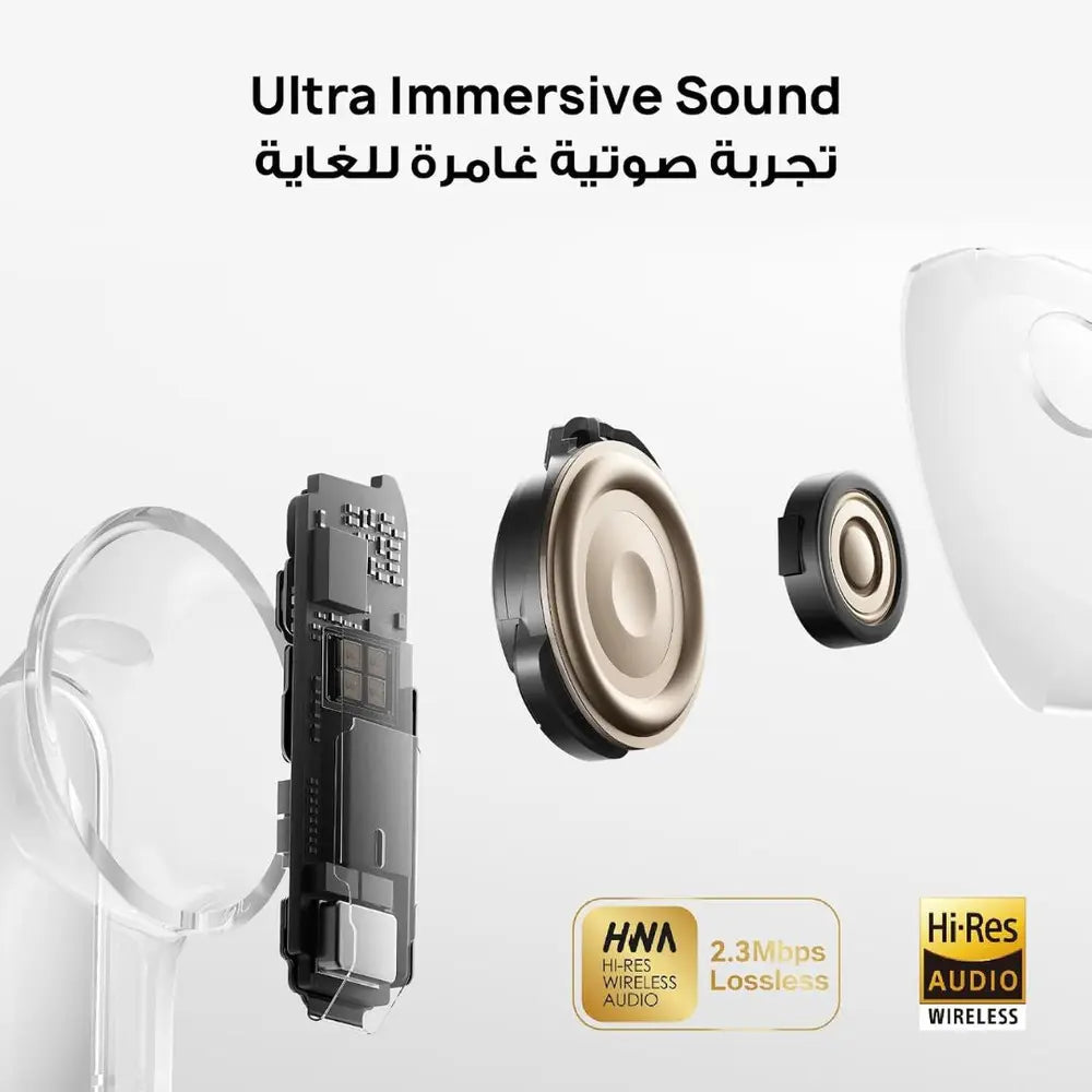 Exploded acoustic components illustrating the dual-driver immersive sound system.