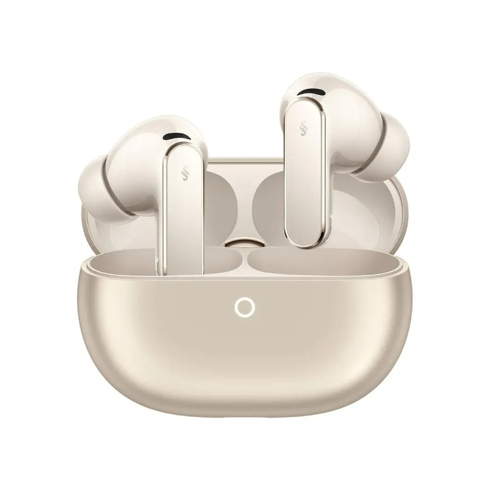 Sand HUAWEI FreeBuds Pro 5 earbuds displayed inside the open matching charging case.