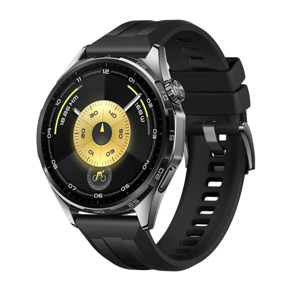 Huawei Watch GT 6 46mm smartwatch with black band and digital display showing time and fitness stats.