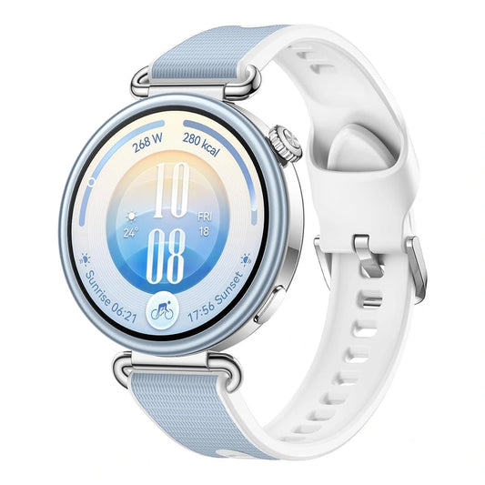 Huawei Watch GT 7 41mm smartwatch with a blue band and digital display showing time and fitness tracking features.