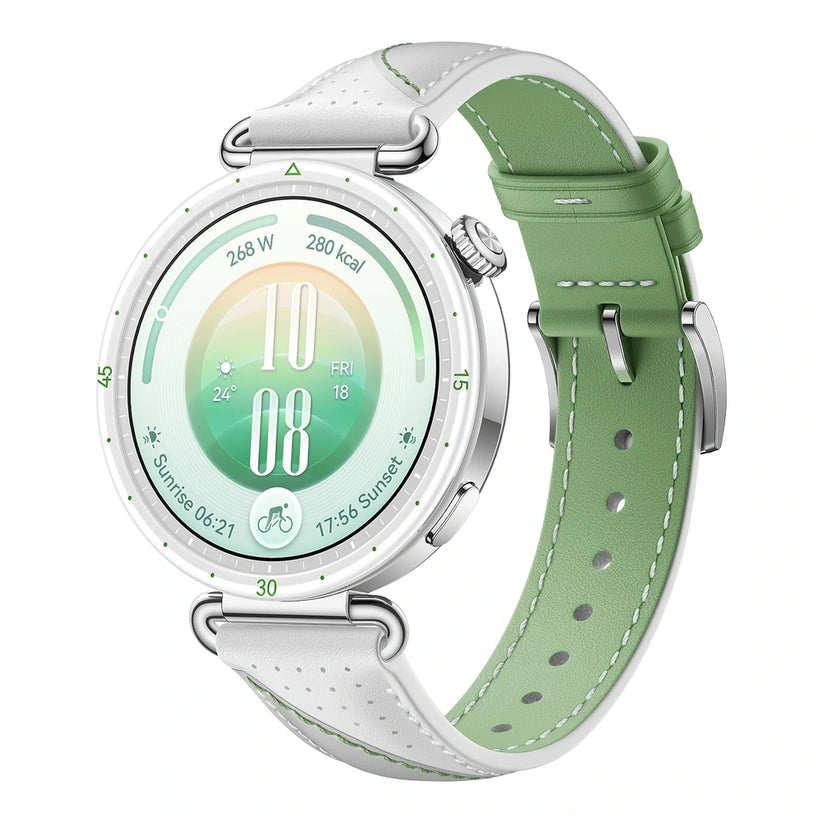 Huawei Watch GT 7 41mm smartwatch with a white band and round display showing fitness tracking and digital interface.