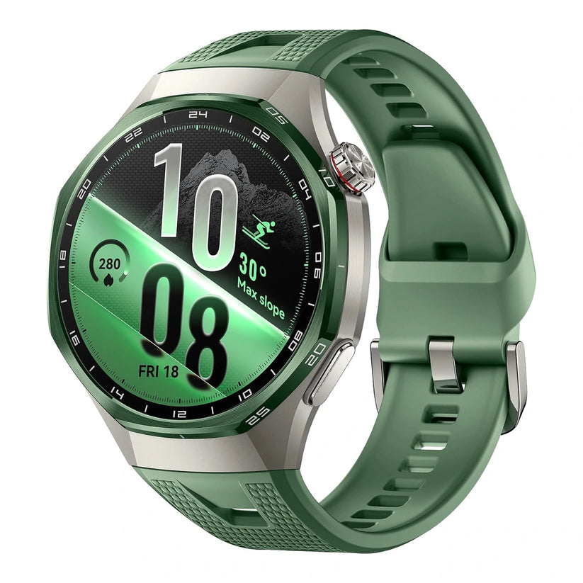 Huawei Watch GT 7 Pro smartwatch with a green band and large display, showcasing its sleek design and fitness tracking features.