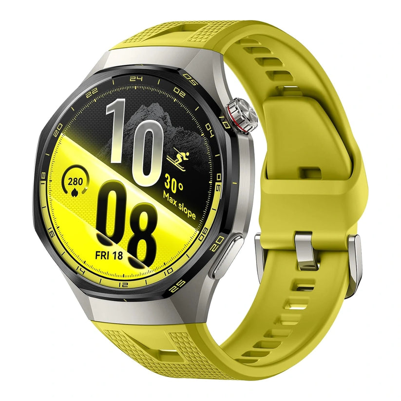 Huawei Watch GT 7 Pro smartwatch with a yellow band and digital display, showcasing its sleek, modern design and fitness tracking features.