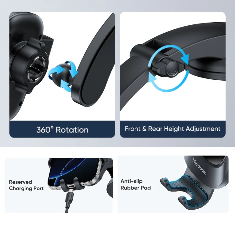Mcdodo CM-7220 universal car phone holder mounted on dashboard holding a smartphone securely in landscape orientation.