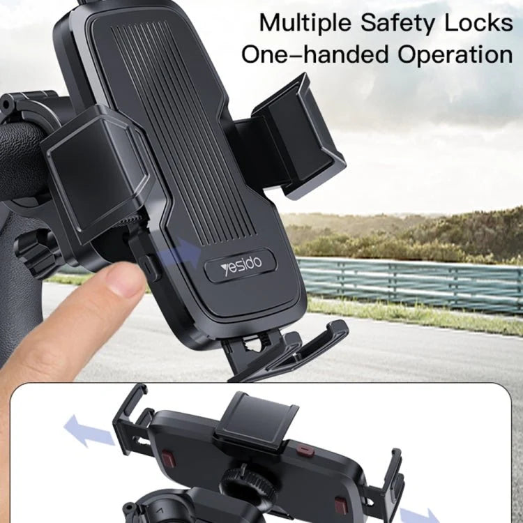 Yesido C127 bike dual-side phone holder mounted on a bicycle handlebar, securely holding a smartphone for easy access while riding.